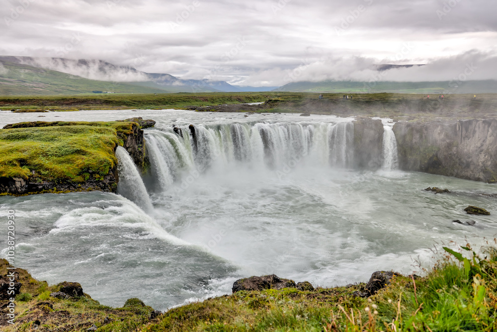 Akureyri, Iceland - August 9, 2024: Views of the Godafoss Falls in the region outside of Akureyri, Iceland
Akureyri, Iceland - August 9, 2024: Views of the Godafoss Falls in the region outside of Akureyri, Iceland