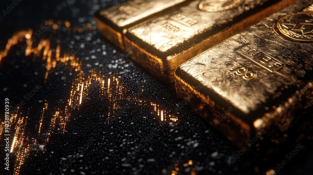 Glimmering Gold Bars with Financial Data Background Glimmering Gold Bars with Financial Data Background