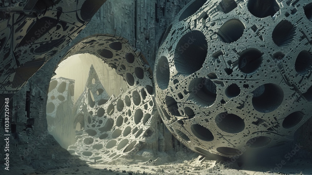 Futuristic, alien landscape featuring large hollow spheres with ...