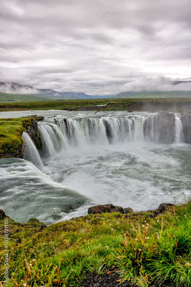 Akureyri, Iceland - August 9, 2024: Views of the Godafoss Falls in the region outside of Akureyri, Iceland
Akureyri, Iceland - August 9, 2024: Views of the Godafoss Falls in the region outside of Akureyri, Iceland