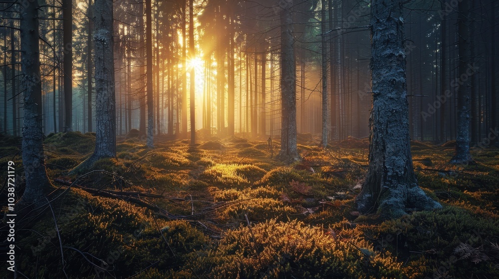 Obraz premium Sunlight filtering through trees in a serene forest during early morning, showcasing mist and rich greenery