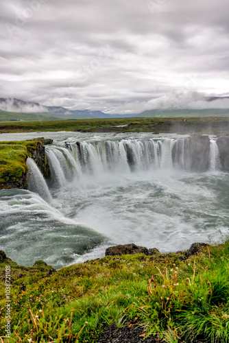 Akureyri, Iceland - August 9, 2024: Views of the Godafoss Falls in the region outside of Akureyri, Iceland

