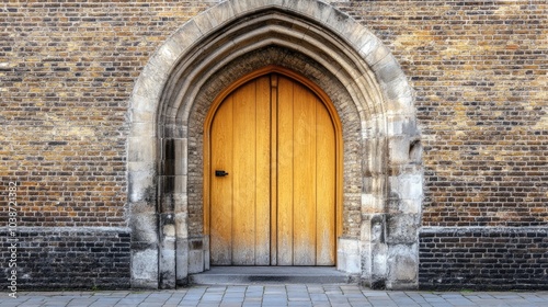 Rustic Wooden Door with Stone Archway on Brick Wall