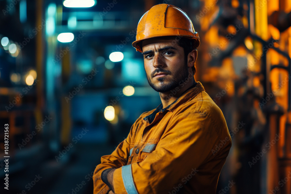 Portrait of confident industrial worker wearing hard hat and uniform in factory setting. Construction worker at construction site Portrait of confident industrial worker wearing hard hat and uniform in factory setting. Construction worker at construction site