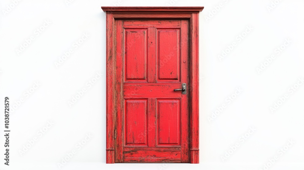Bright Red Door with Wooden Frame on White Background Bright Red Door with Wooden Frame on White Background