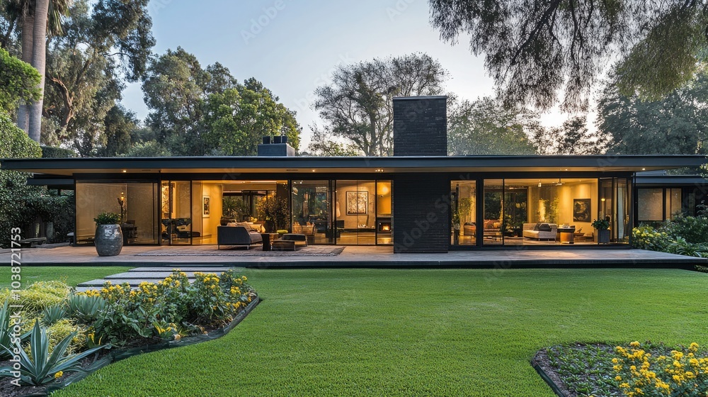 Fototapeta premium Modern Home Exterior with Lush Landscaping at Dusk