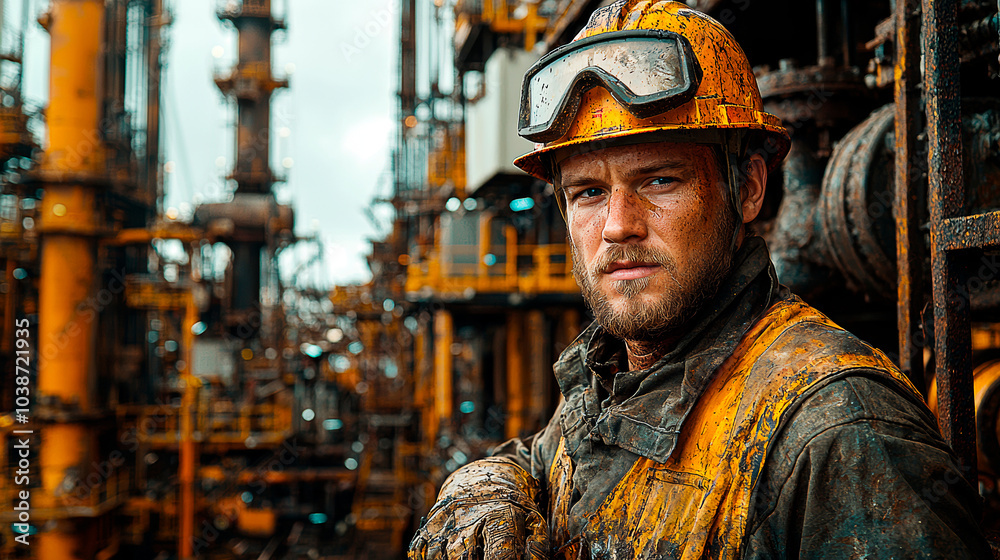 A worker dressed in safety equipment on an oil platform. Generative AI A worker dressed in safety equipment on an oil platform. Generative AI