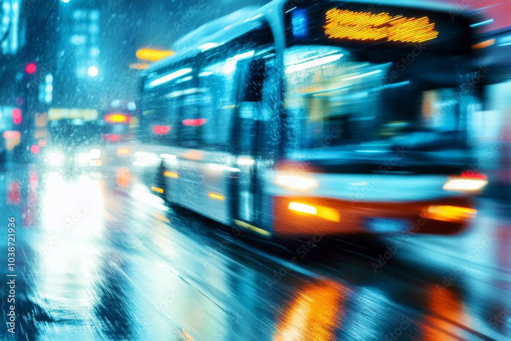 City bus driving on rainy night street. Blurred bus with reflections of lights on wet road. Public transportation City bus driving on rainy night street. Blurred bus with reflections of lights on wet road. Public transportation