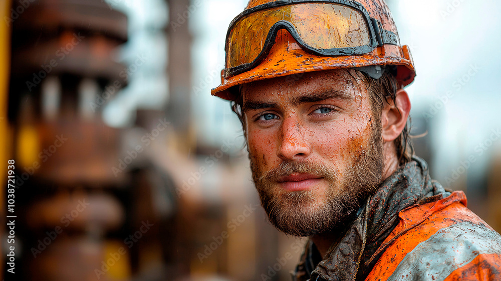 A worker dressed in safety equipment on an oil platform. Generative AI A worker dressed in safety equipment on an oil platform. Generative AI