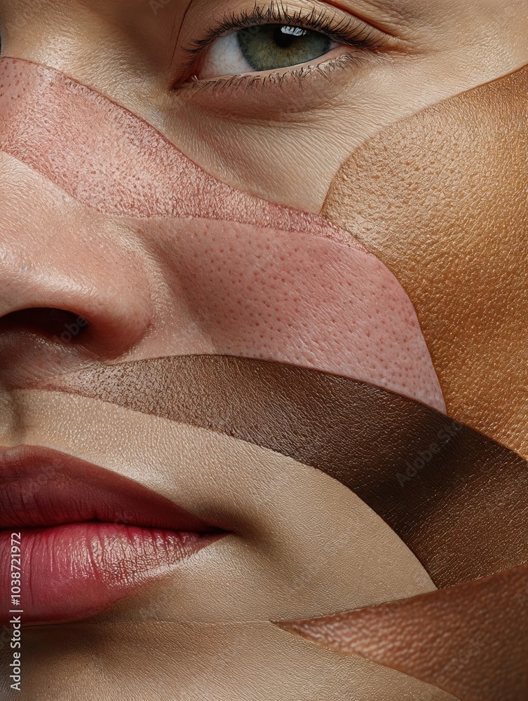 Fototapeta premium A woman's face covered in different shades of makeup, including brown and tan.