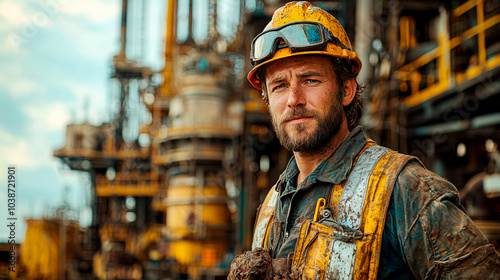 A worker dressed in safety equipment on an oil platform. Generative AI