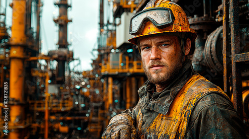 A worker dressed in safety equipment on an oil platform. Generative AI