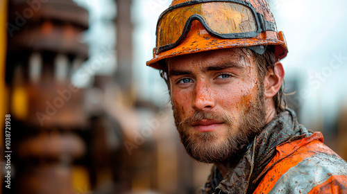 A worker dressed in safety equipment on an oil platform. Generative AI