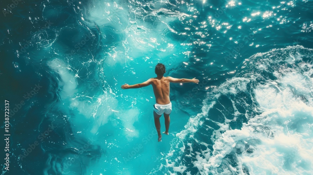 Fototapeta premium A boy joyfully diving into clear blue ocean waters from a rocky cliff during a bright, sunny day, surrounded by vibrant waves