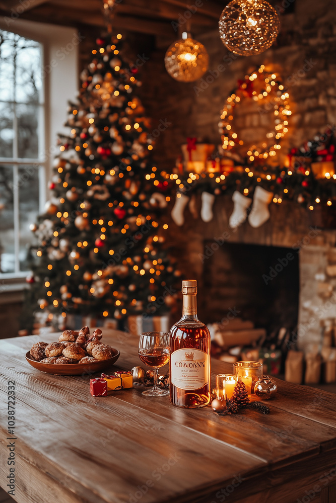 Cognac Bottle and Glass on Wooden Table by Christmas Tree Cognac Bottle and Glass on Wooden Table by Christmas Tree