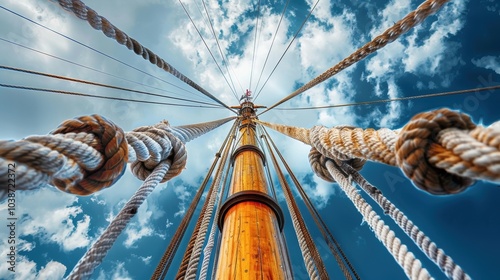 Looking up at the foremast with rigging against a blue sky filled with clouds on a sailing vessel during daylight