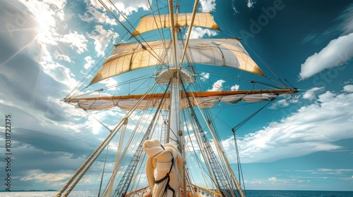 A majestic tall ship's foremast against a vibrant blue sky with billowing clouds captures the essence of nautical adventure and maritime history