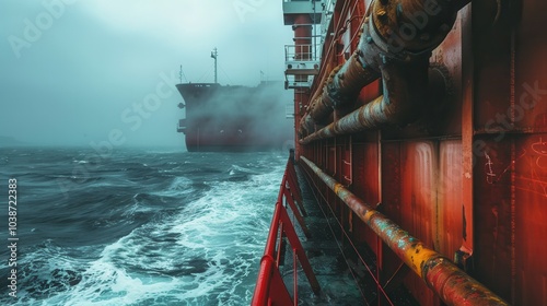 Rusty ship hull against turbulent sea with fog and mist creating a dramatic atmosphere on an overcast day at sea photo