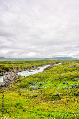 Akureyri, Iceland - August 9, 2024: Godafoss Falls in the region outside of Akureyri, Iceland 