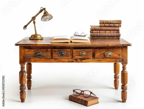 A reading desk with a closed book, glasses, and a desk lamp isolated on white