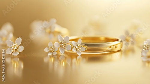 Close-up View of Elegant Gold Wedding Bands Surrounded by Flowers Generative AI