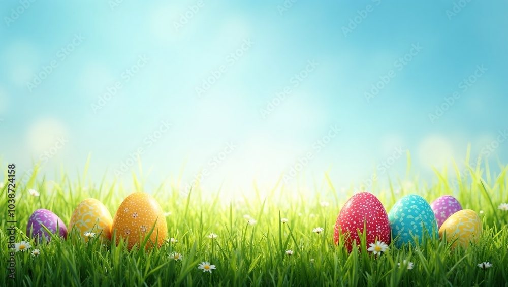 Fototapeta premium Vibrant Easter eggs hidden in lush meadow under clear blue sky