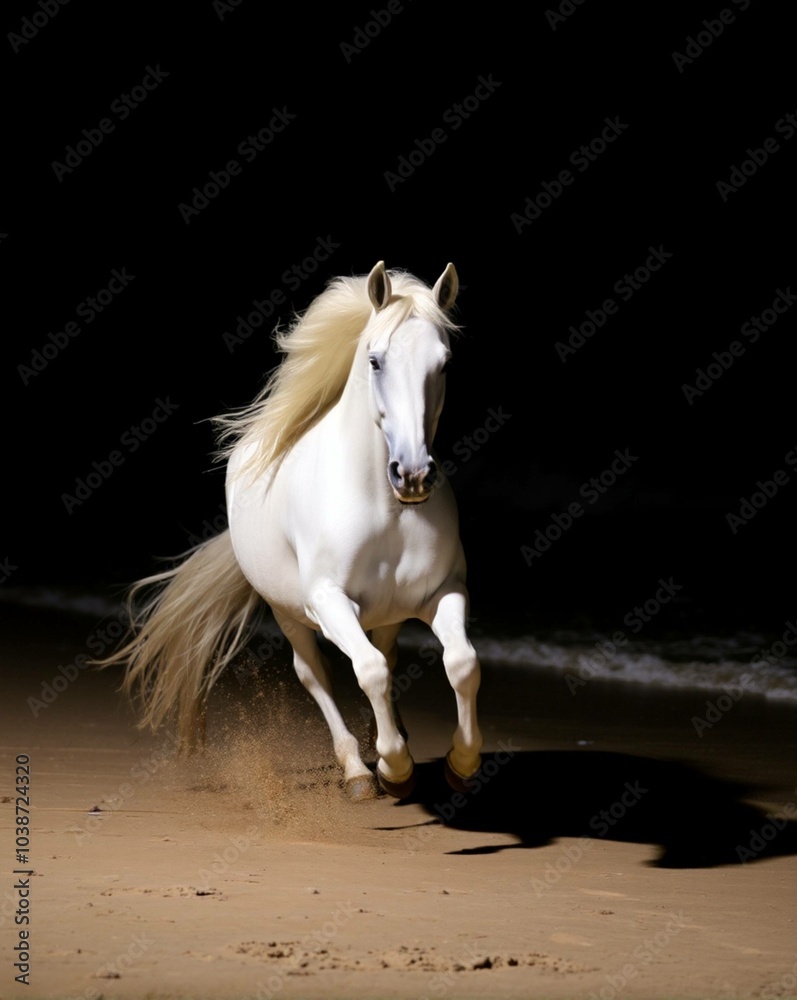 white horse on the beach in dark nights white horse on the beach in dark nights