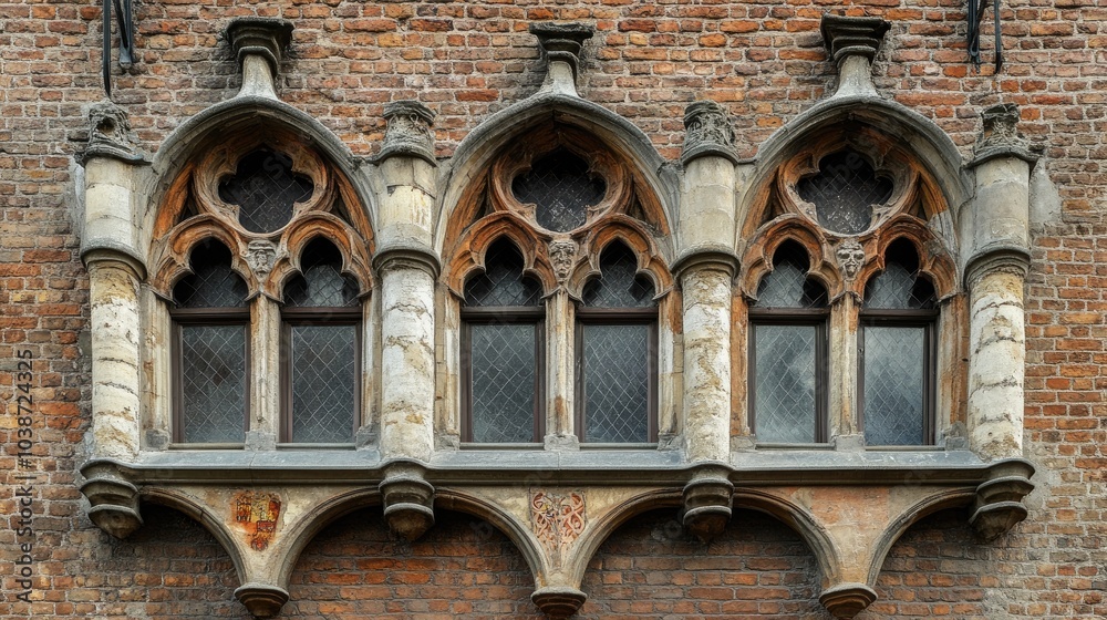 Obraz premium Ornate Gothic Windows on Historic Brick Wall
