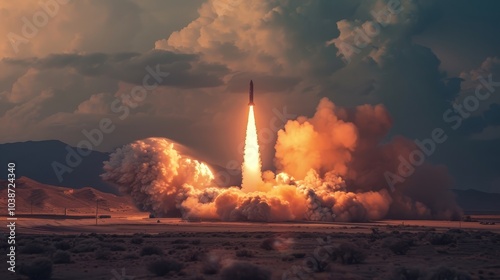 ICBMs launching into the sky during a test at a missile testing site with dramatic clouds and smoke in the background photo