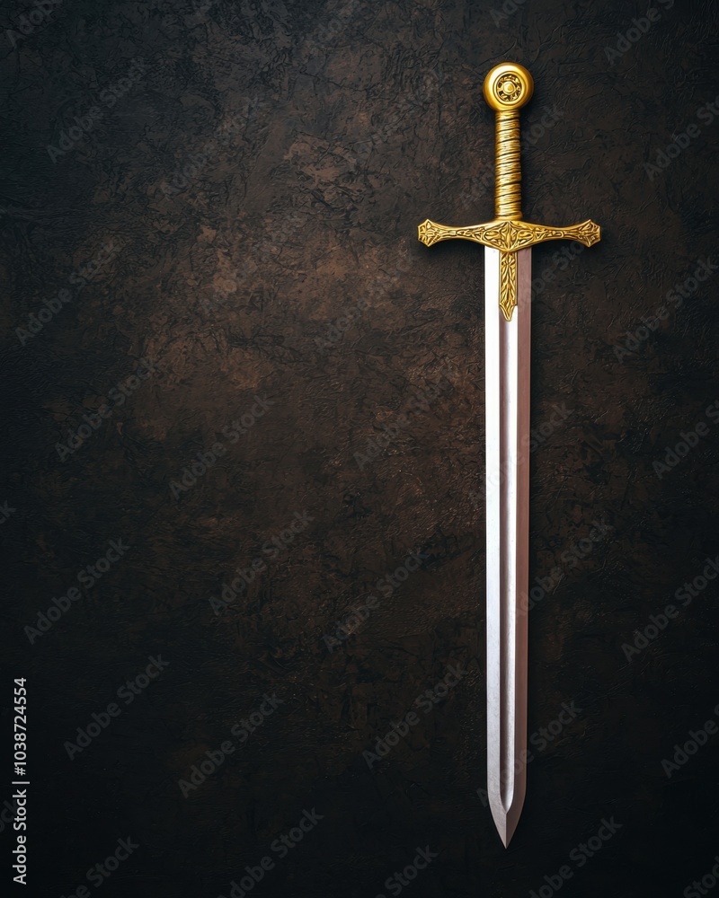 A majestic sword with a gleaming blade and ornate golden handle set against a dark background evoking a sense of history and valor A majestic sword with a gleaming blade and ornate golden handle set against a dark background evoking a sense of history and valor