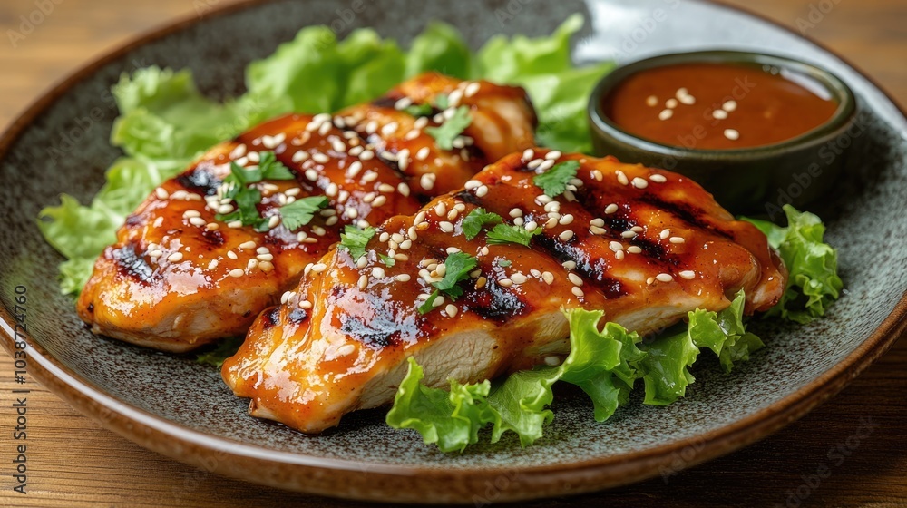 A ceramic plate holding BBQ chicken with peanut sauce, topped with sesame seeds and lettuce. Natural wood surface, soft lighting. National cuisine, food styling. A ceramic plate holding BBQ chicken with peanut sauce, topped with sesame seeds and lettuce. Natural wood surface, soft lighting. National cuisine, food styling.