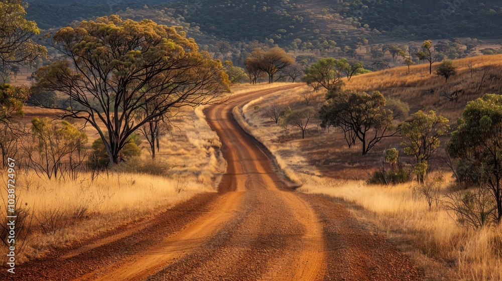Explore the winding kangaroo route at golden hour, surrounded by gentle hills and lush trees in the Australian outback Explore the winding kangaroo route at golden hour, surrounded by gentle hills and lush trees in the Australian outback