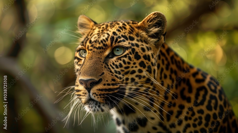 Majestic leopard gazing intently through lush greenery in its natural habitat during golden hour Majestic leopard gazing intently through lush greenery in its natural habitat during golden hour