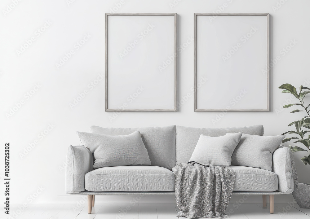 Modern gray sofa with decorative pillows and cozy throw blanket, positioned against minimalist white wall featuring two empty frames. potted plant adds touch of greenery, creating serene atmosphere