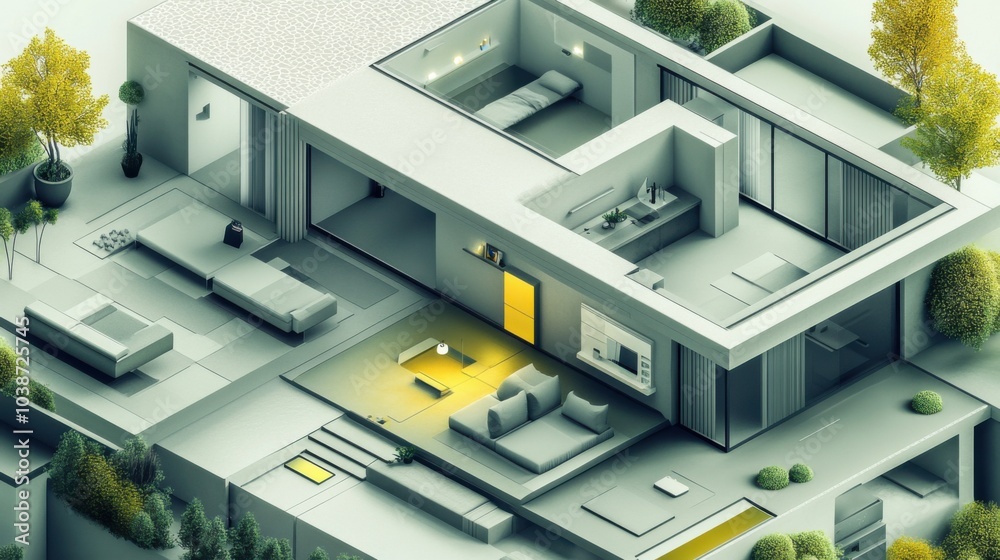 The concept of smart home zoning in subtle gray and olive green colors The concept of smart home zoning in subtle gray and olive green colors