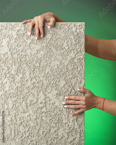 Sample of decorative plaster in hands of woman. Facade textured plaster koroed for repair is demonstrated on panel. Construction and renovation concept. Interior design. Green background. Copy space. photo