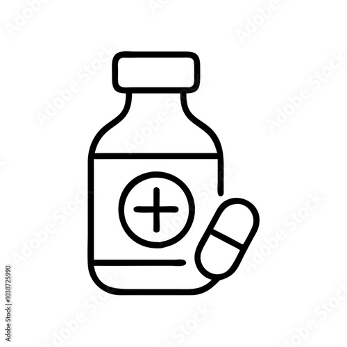 Medicine bottle icon with pills, outline design for healthcare, black outline, modern design    
