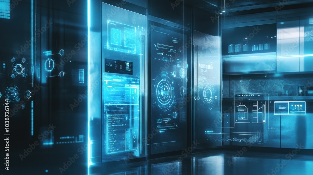 The concept of smart refrigerators in icy blue and stainless steel gray colors The concept of smart refrigerators in icy blue and stainless steel gray colors
