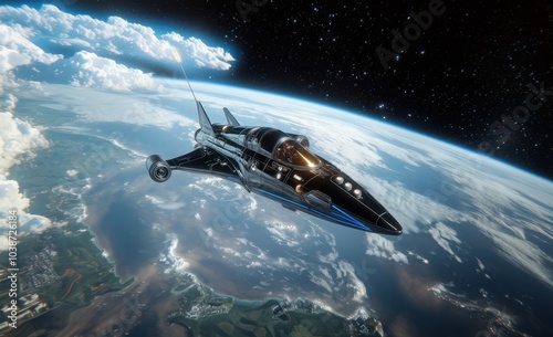 Wallpaper Mural A futuristic spacecraft flying above Earth amidst clouds in deep space Torontodigital.ca