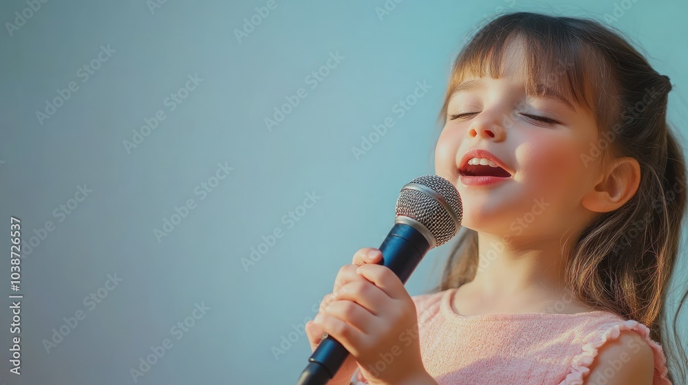 A young girl sings joyfully into a microphone, showcasing her passion for music. A young girl sings joyfully into a microphone, showcasing her passion for music.