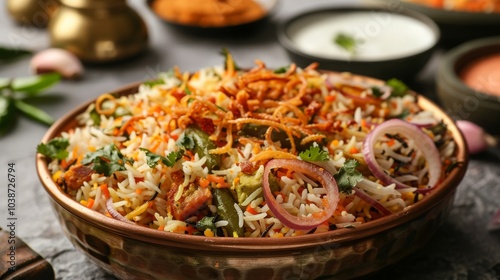 A close-up shot of a flavorful dish of biryani, a popular South Asian rice dish, with fragrant basmati rice, tender meat, and aromatic spices.