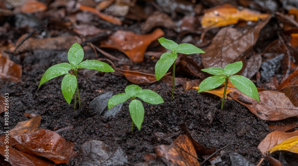 Green Seedlings Emerging from Dark Soil Green Seedlings Emerging from Dark Soil