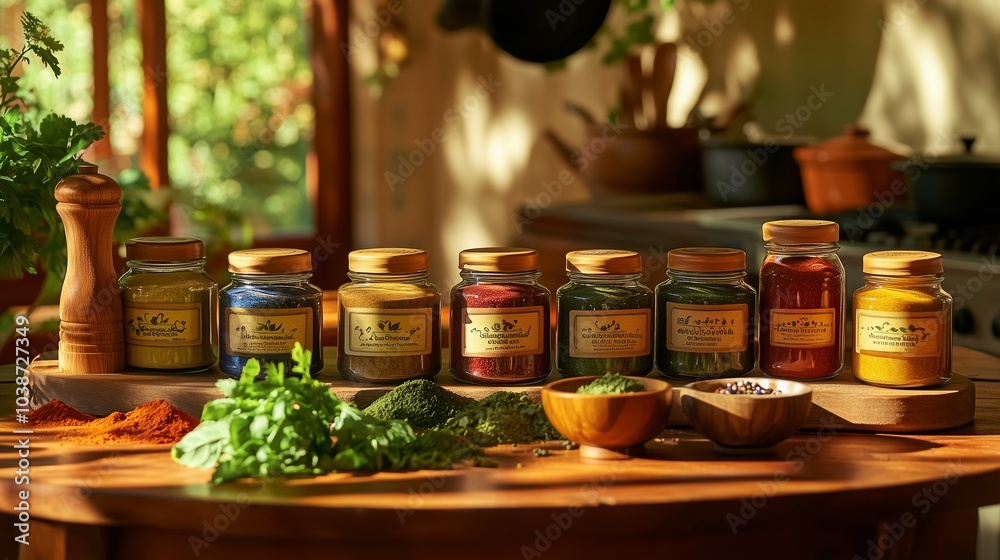 A colorful kitchen table brims with spices, fresh herbs, and rustic elements, inviting culinary creativity. A colorful kitchen table brims with spices, fresh herbs, and rustic elements, inviting culinary creativity.