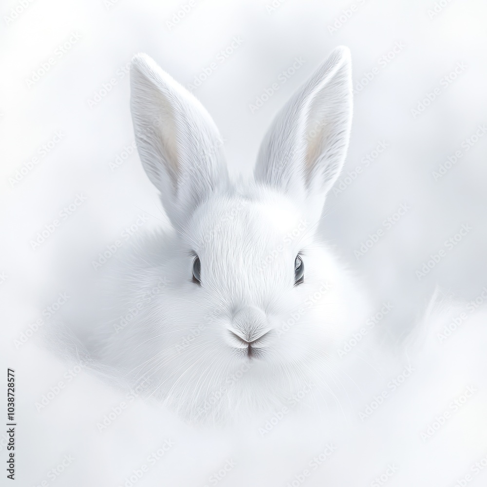 A fluffy white rabbit peering curiously from a soft, cloud-like background. A fluffy white rabbit peering curiously from a soft, cloud-like background.