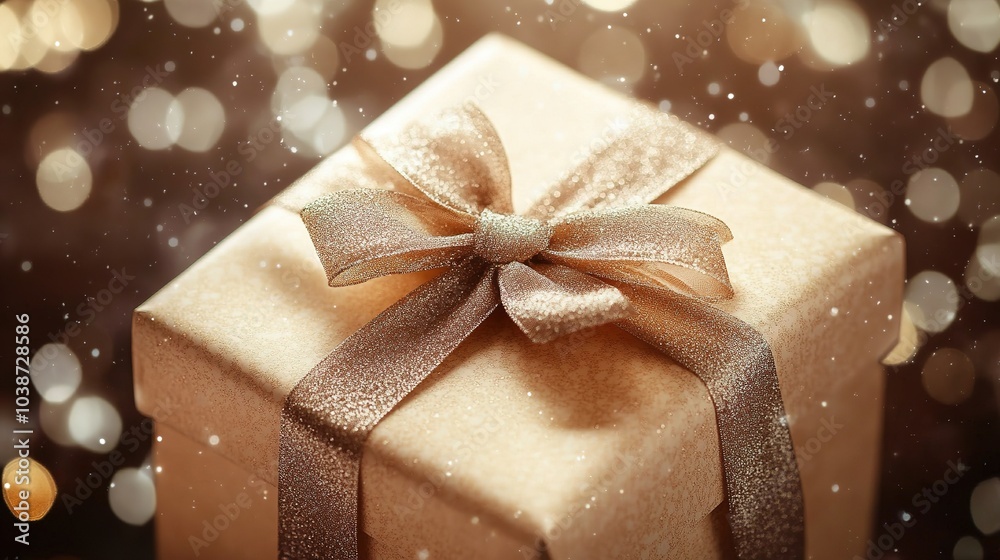 Gift box with sparkling golden bow, festive bokeh lights Gift box with sparkling golden bow, festive bokeh lights