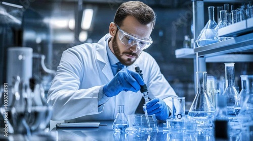 Scientist in Lab Coat Working with Chemicals and Equipment