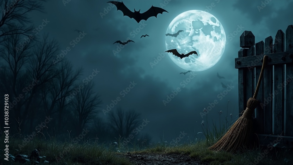 Fototapeta premium Spooky night scene with bats witchs broom old fence Ideal for Halloween promotions