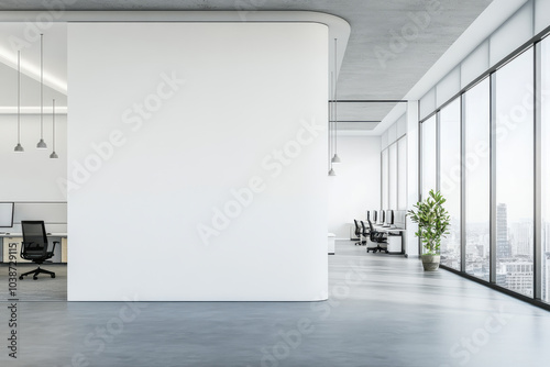Modern office interior with large windows, minimalistic design, and potted plant. spacious layout features workstations and bright atmosphere, promoting productivity and creativity