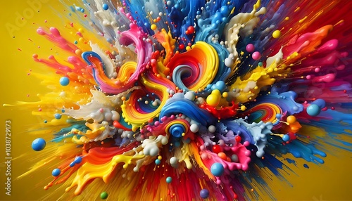 Paint splashes in primary colors arranged abstract, artistic composition,generative ai