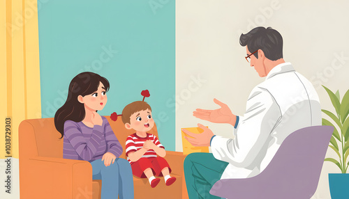 Psychotherapy Practice,Psychiatrist Consultation.Worried Parent,Father,Mother,Naughty Capricious Sreaming Children.Psychologist Session.Difficult Family Crisis Treatment.Psychology Vector Illustrati photo